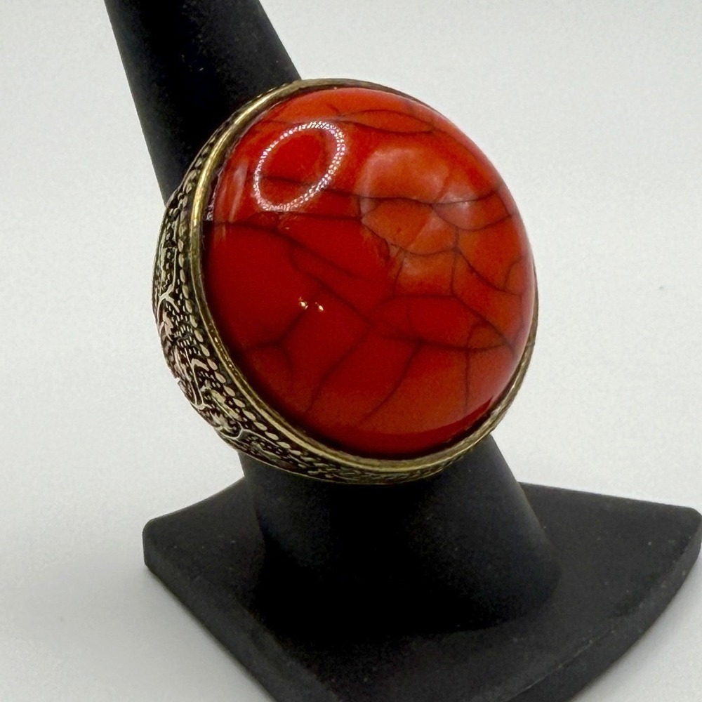 Vintage Style Red Cabochon Statement Ring Brass Band Size 8.5 Unisex
